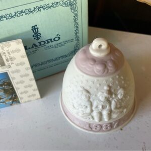 Lladró 1987 Pink and White Porcelain Holiday Bell Ornament